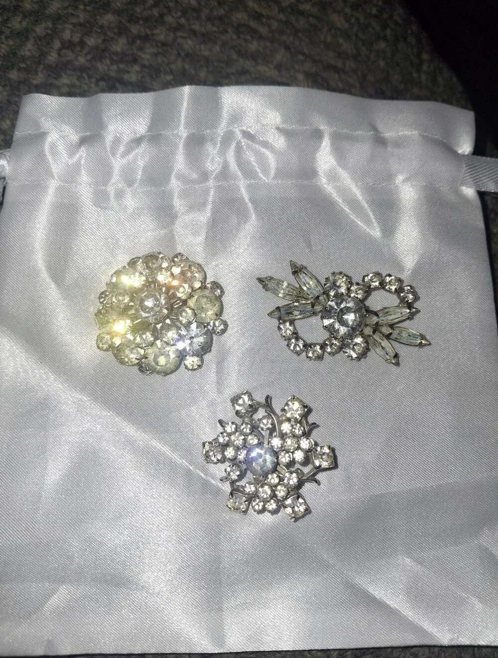 3 1950's Vintage-Inspired Clear Crystal Brooch Pin - Silver Tone